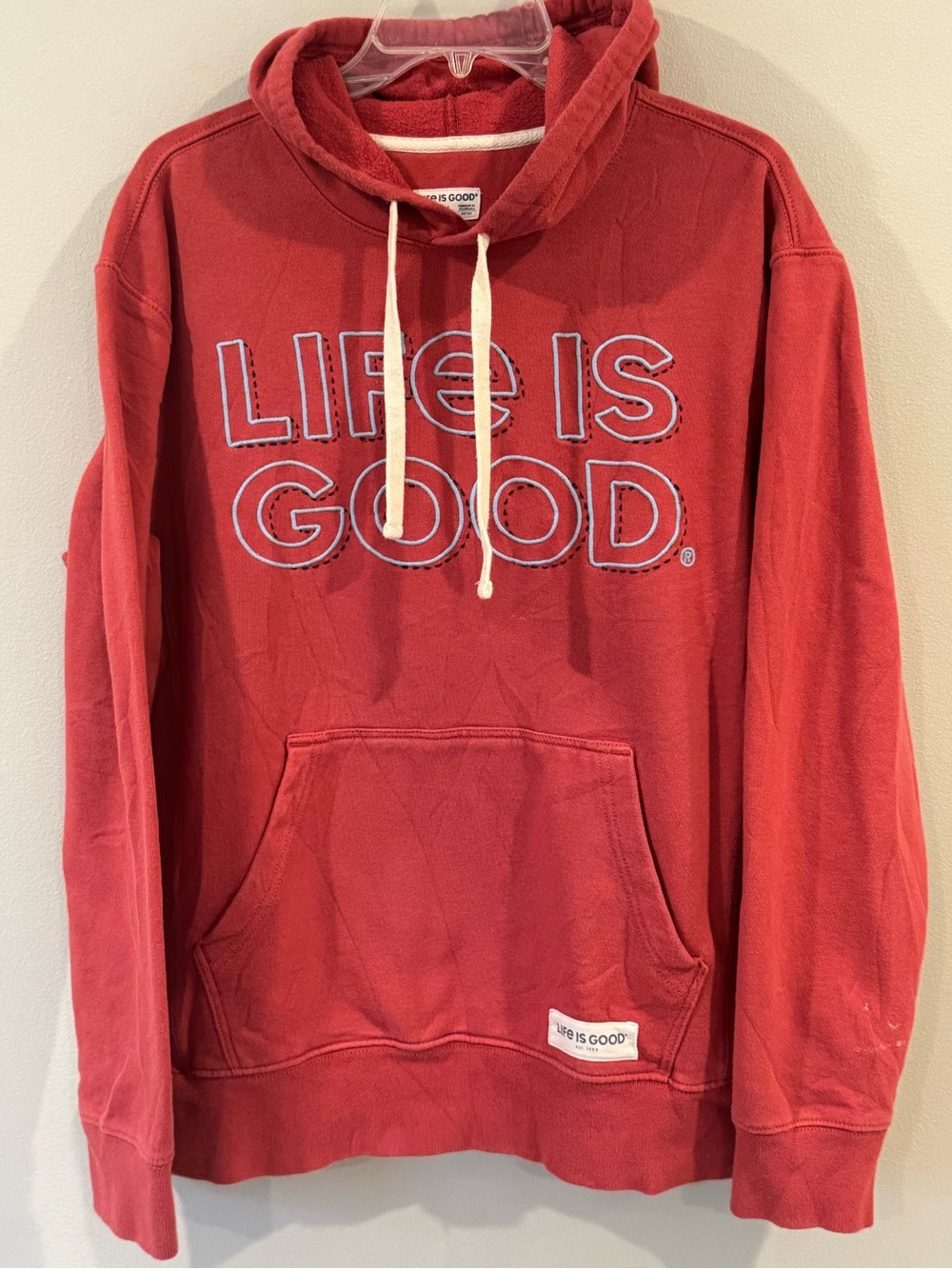 Life is Good Hoodie Sweatshirt Medium Orange Hooded Embroidered Medium Weight